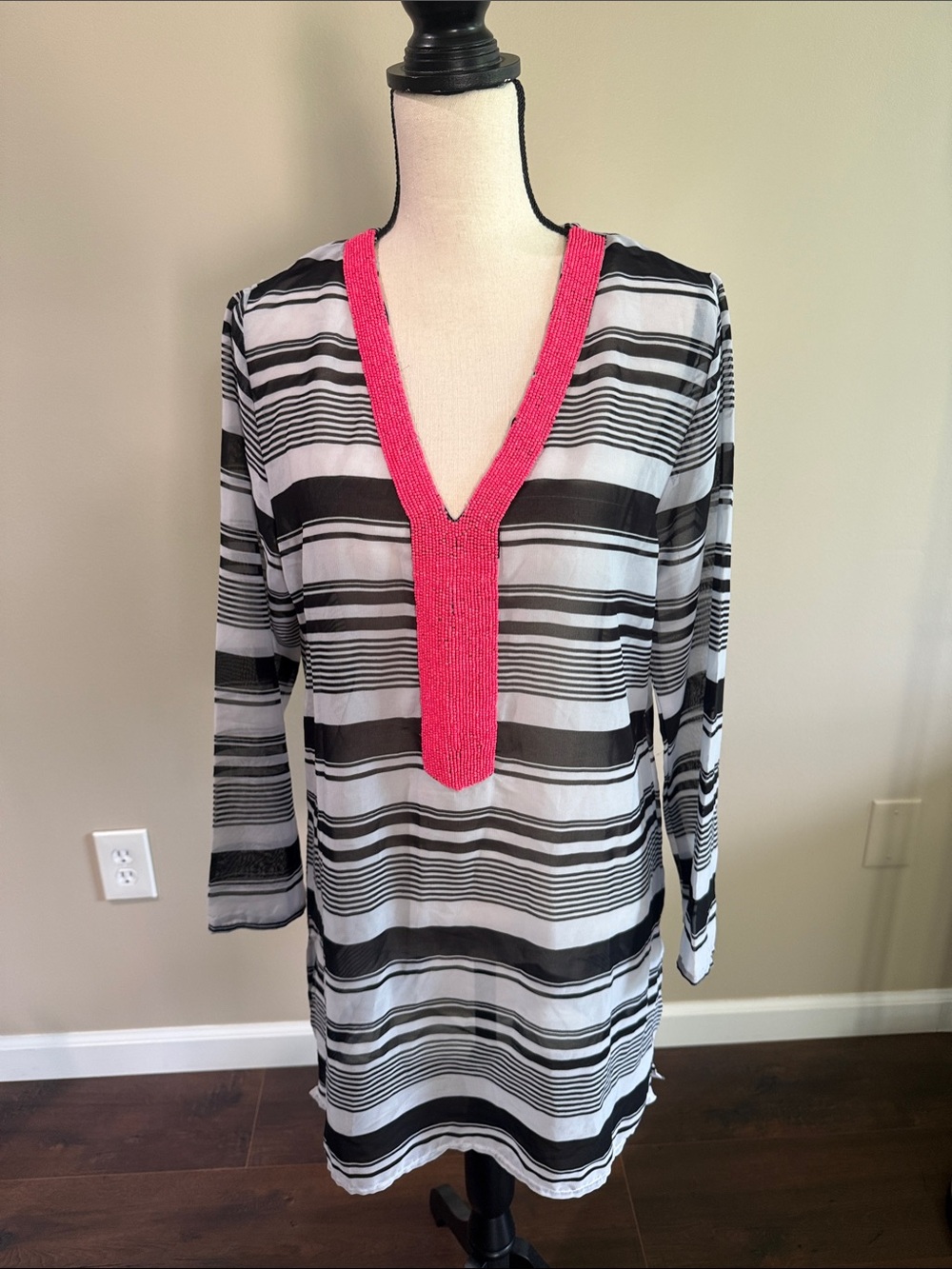 Women's Black & White Striped Swim Coverup with Pink Trim